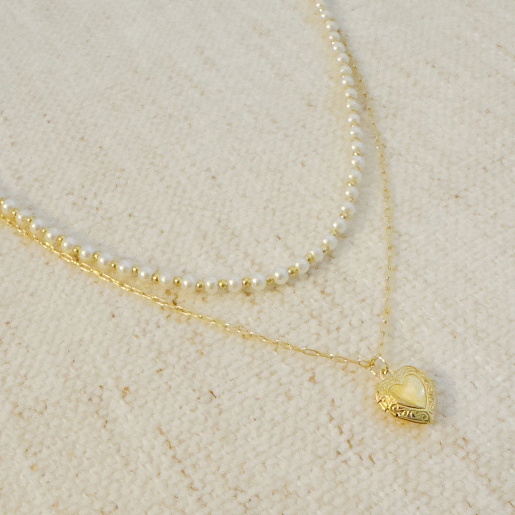 Pearls and Heart Locket Layered Necklace
