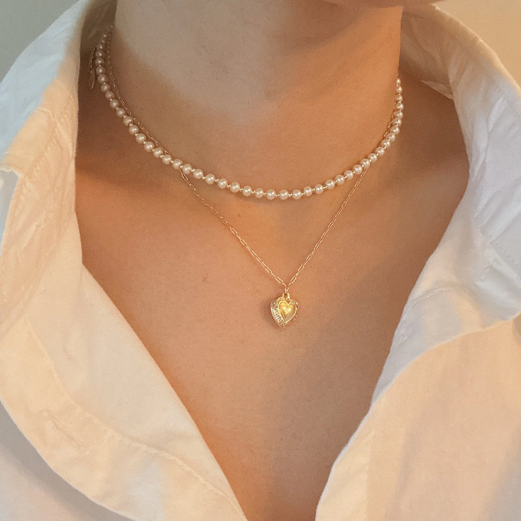 Pearls and Heart Locket Layered Necklace