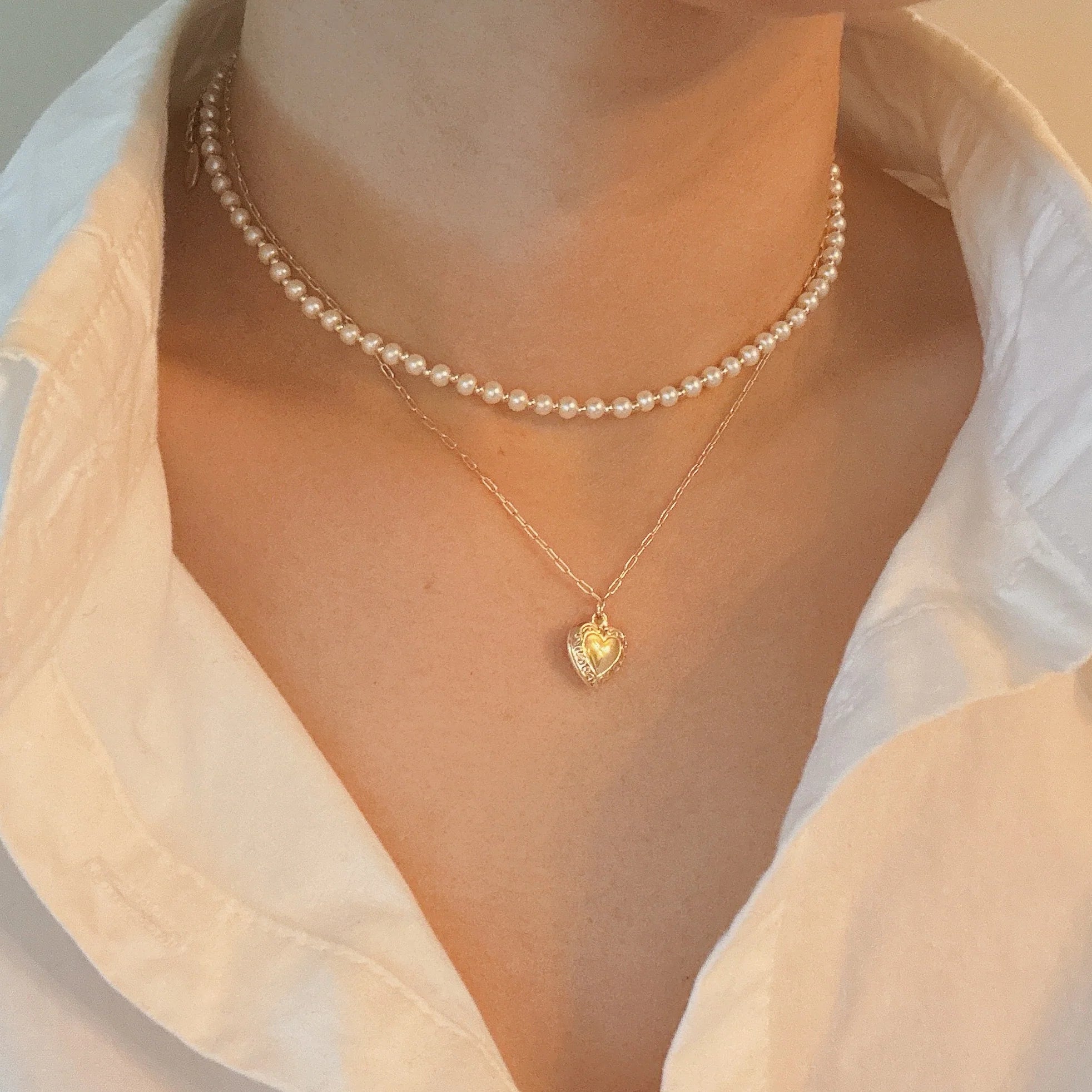 Pearls and Heart Locket Layered Necklace