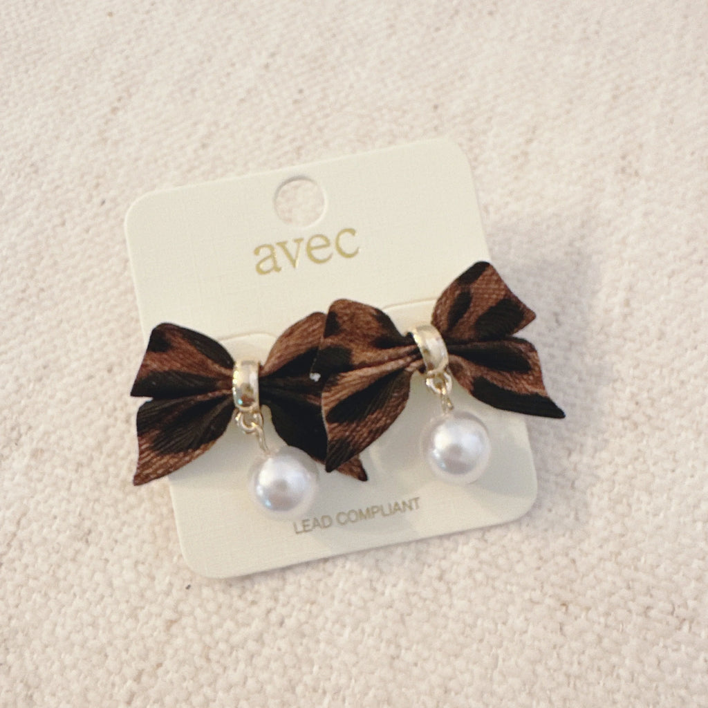 Leopard Luxe Bow and Pearl Drop Earrings